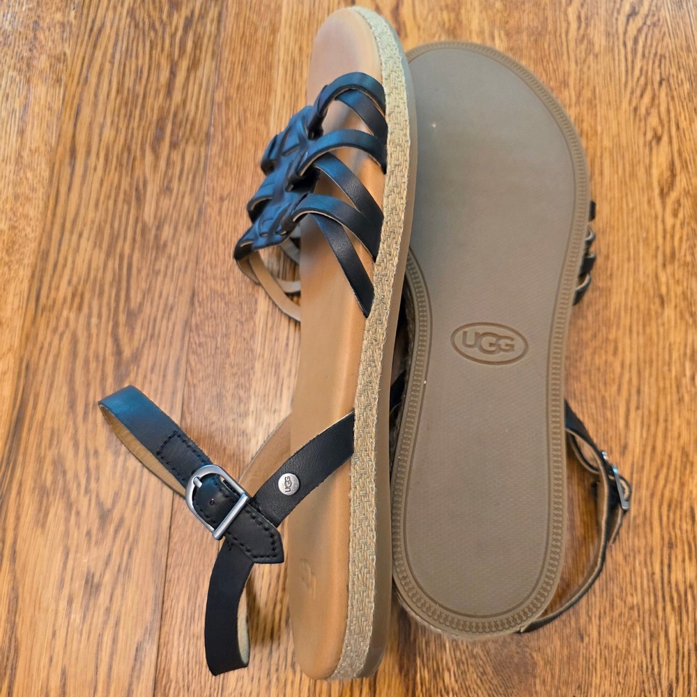 UGG Womens 8 Kari Black Leather Braided Strappy Ankle Strap Espadrille Sandals - Picture 5 of 5